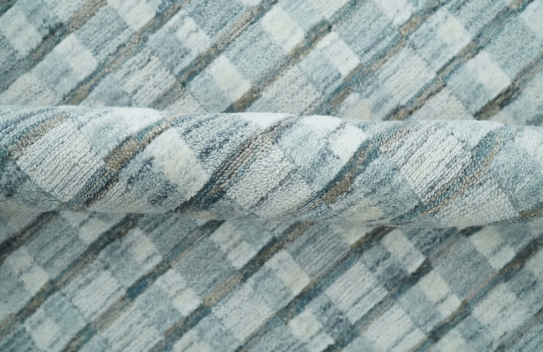 8x10 Hand Made Checkered Ivory, Teal and Gray Scandinavian Blended Wool Flatwoven Area Rug | KE18