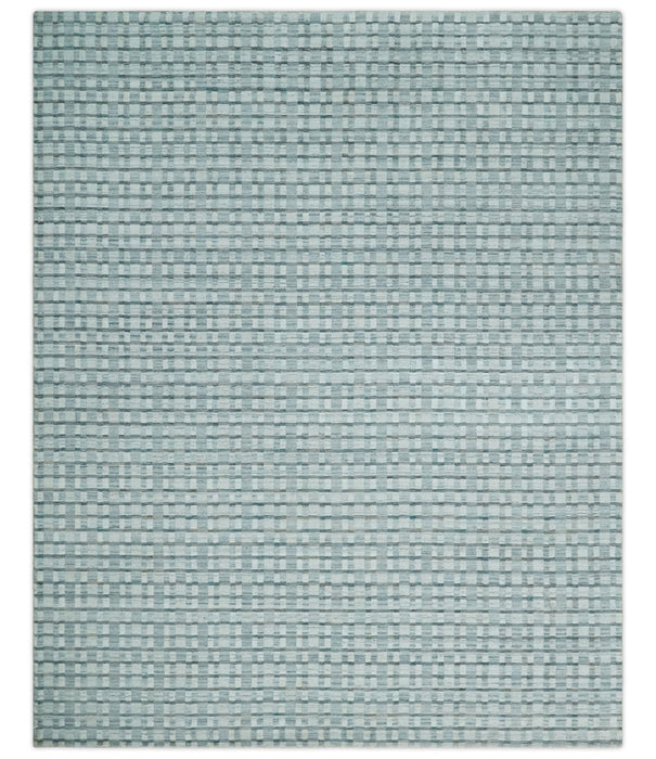 8x10 Hand Made Checkered Ivory, Teal and Gray Scandinavian Blended Wool Flatwoven Area Rug | KE18