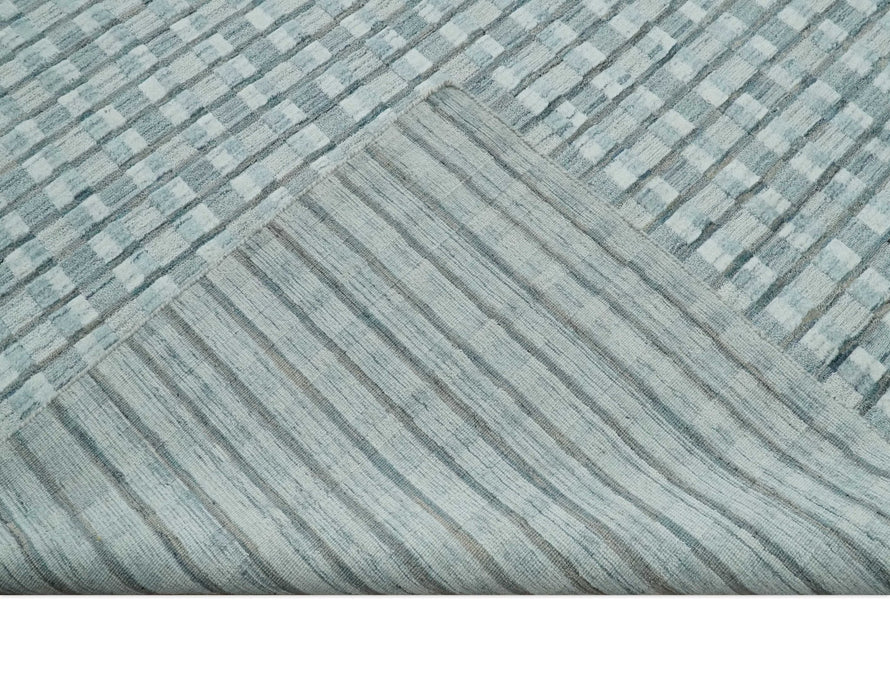 8x10 Hand Made Checkered Ivory, Teal and Gray Scandinavian Blended Wool Flatwoven Area Rug | KE18