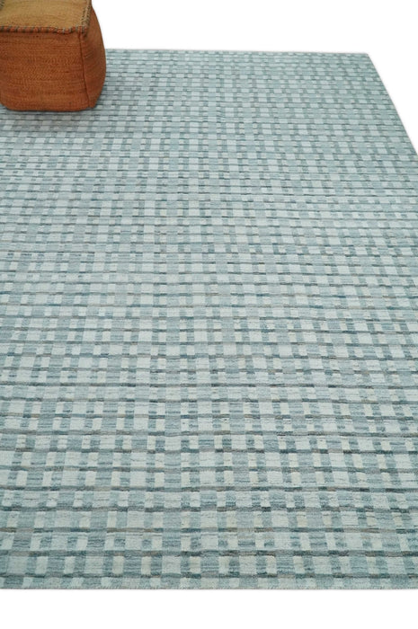 8x10 Hand Made Checkered Ivory, Teal and Gray Blended Wool Flatwoven Area Rug