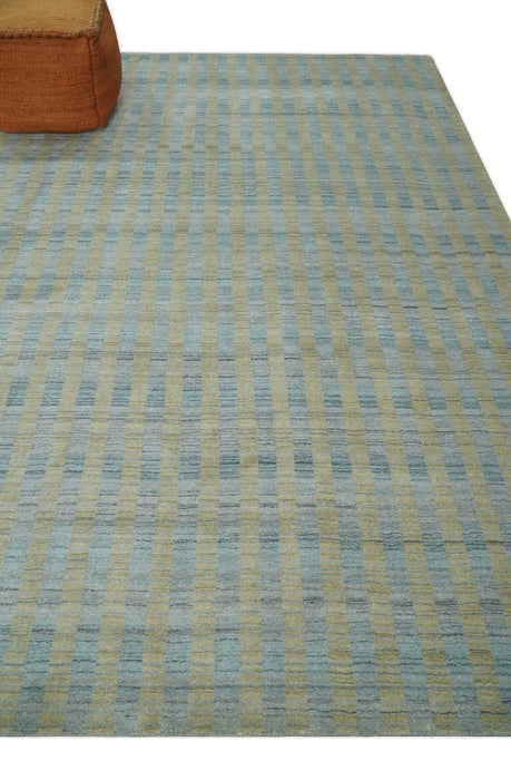 8x10 Hand Made Modern Stripes Camel and Silver Scandinavian Blended Wool Flatwoven Area Rug | KE20