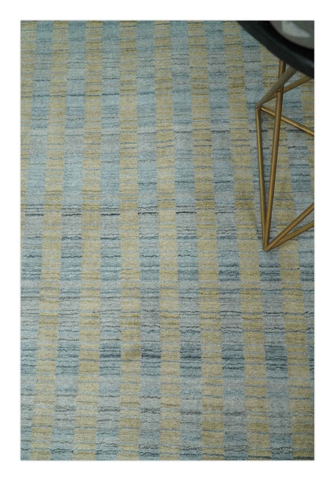 8x10 Hand Made Modern Stripes Camel and Silver Scandinavian Blended Wool Flatwoven Area Rug | KE20