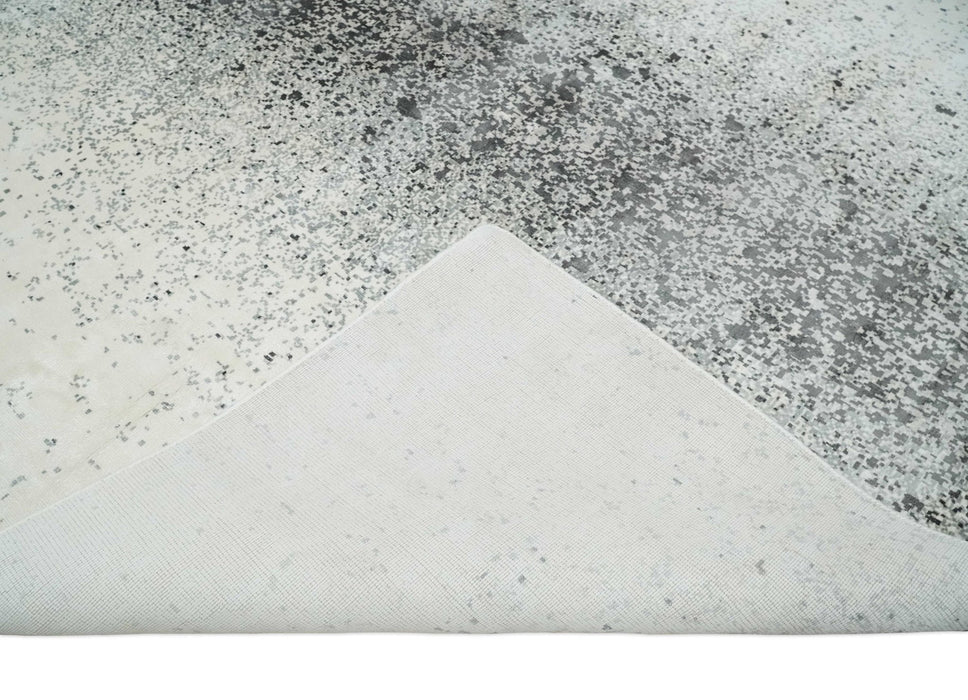 8x10 Ivory and Charcoal Modern Abstract Handmade Art Silk Area Rug