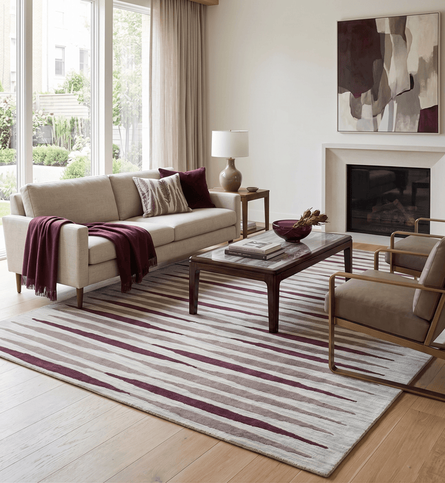 8x10 Ivory and Pink Hand Tufted Modern Scandinavian Stripe Wool Area Rug