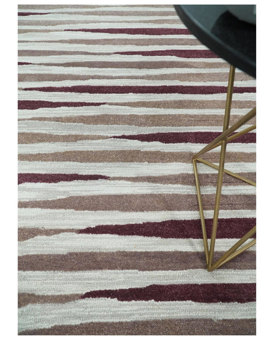 8x10 Ivory and Pink Hand Tufted Modern Scandinavian Stripe Wool Area Rug | YUK2