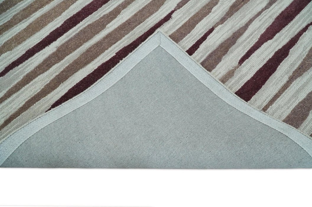 8x10 Ivory and Pink Hand Tufted Modern Scandinavian Stripe Wool Area Rug | YUK2