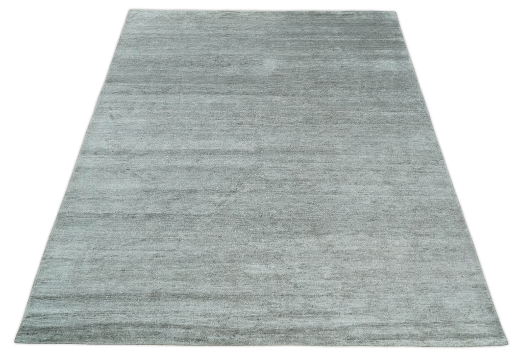 8x10 Ivory and Silver Blended Hand Loomed Modern Scandinavian Art Silk Area Rug