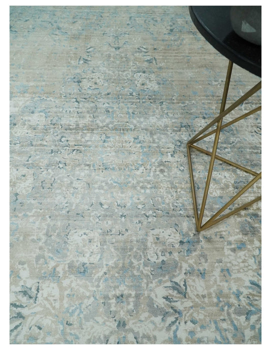 8x10 Ivory, Beige and Blue Traditional Hand Knotted Art Silk Area Rug