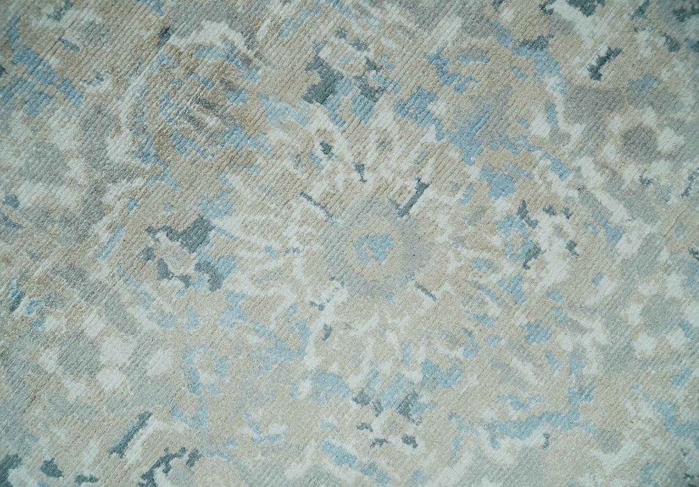 8x10 Ivory, Beige and Blue Traditional Hand Knotted Art Silk Area Rug
