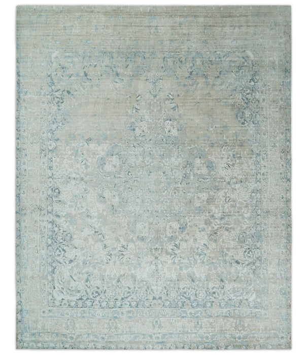 8x10 Ivory, Beige and Blue Traditional Hand Knotted Art Silk Area Rug