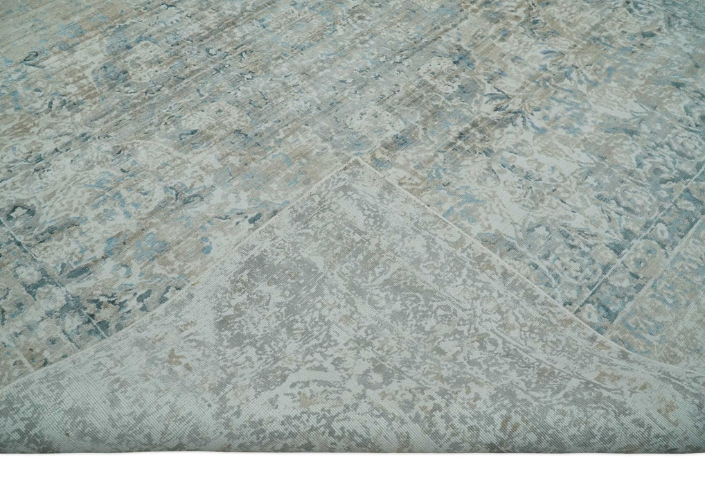 8x10 Ivory, Beige and Blue Traditional Hand Knotted Art Silk Area Rug