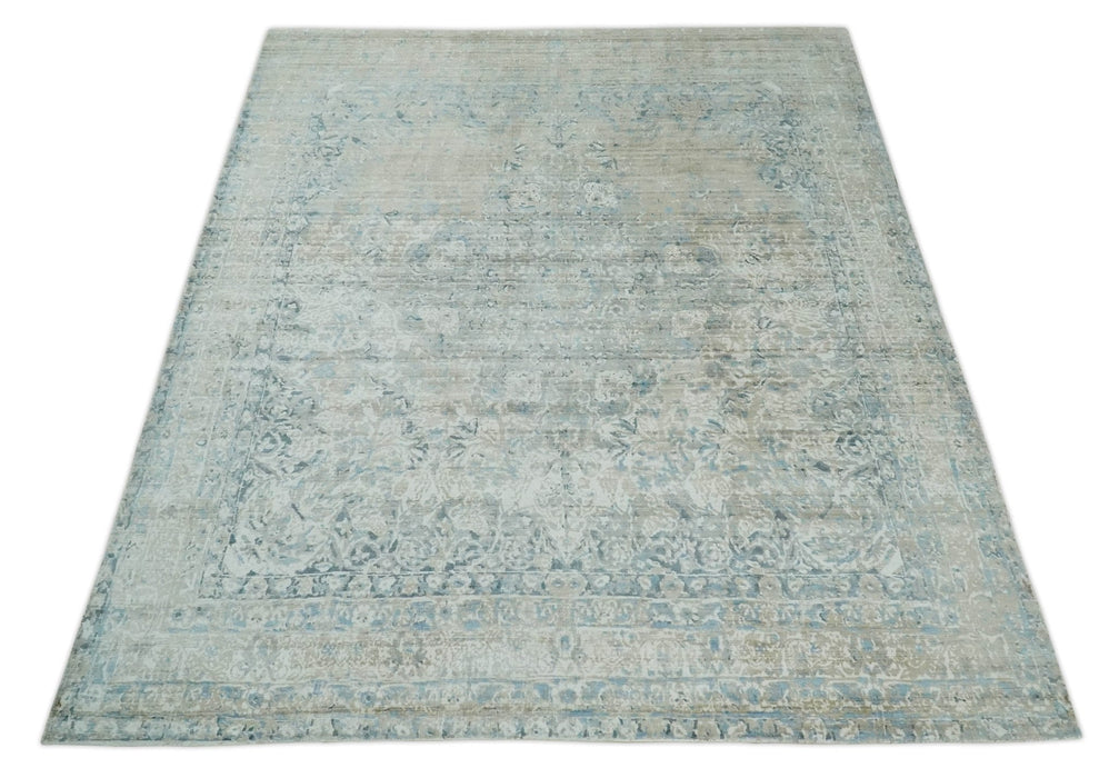 8x10 Ivory, Beige and Blue Traditional Hand Knotted Art Silk Area Rug