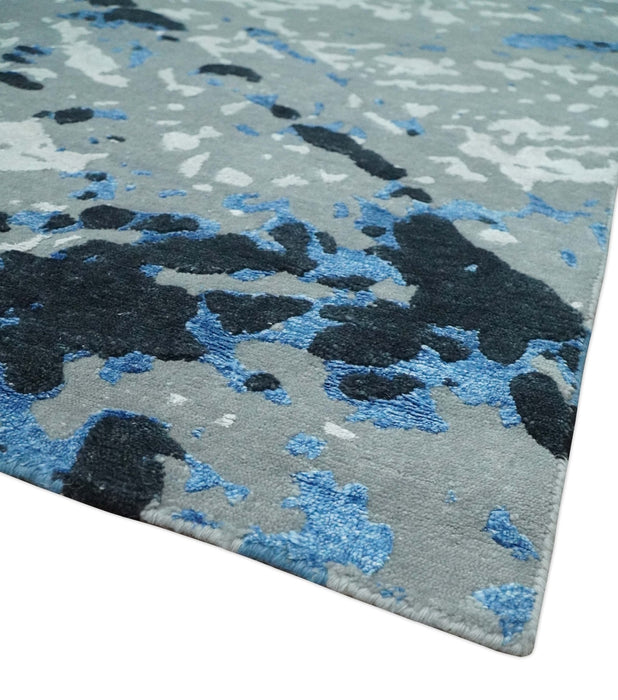 8x10 Ivory, Gray, Blue and Black Modern Abstract Hand Knotted Wool and Bamboo Silk Area Rug