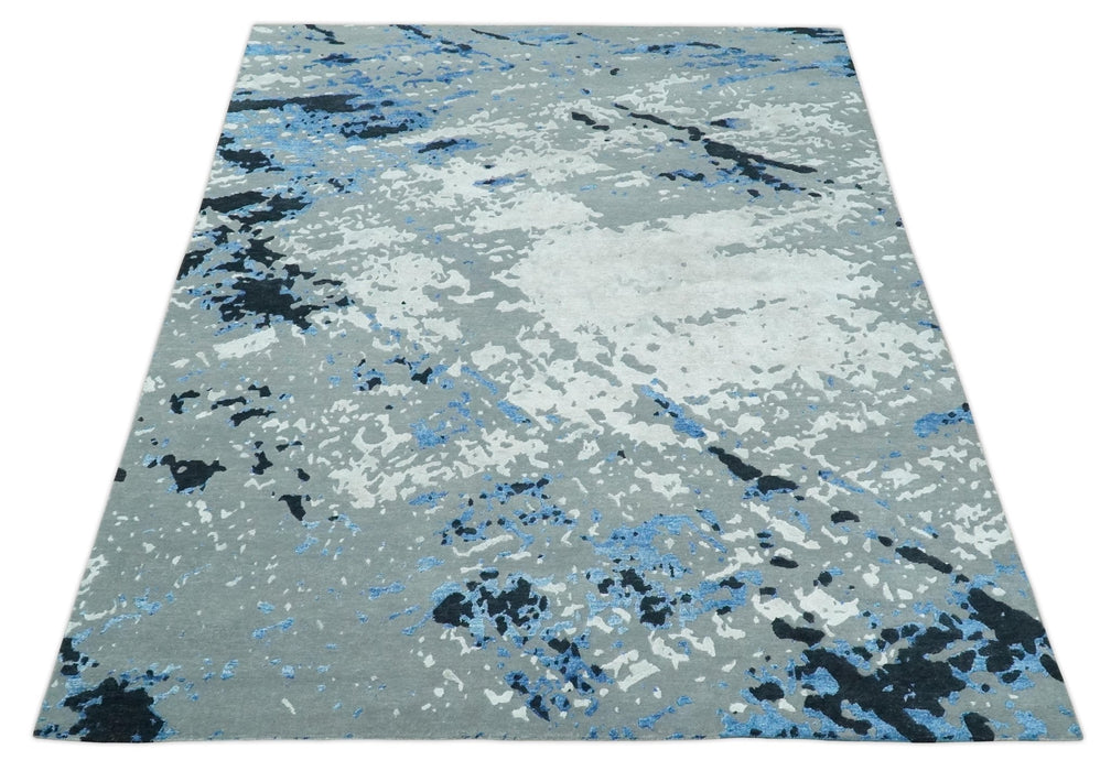 8x10 Ivory, Gray, Blue and Black Modern Abstract Hand Knotted Wool and Bamboo Silk Area Rug