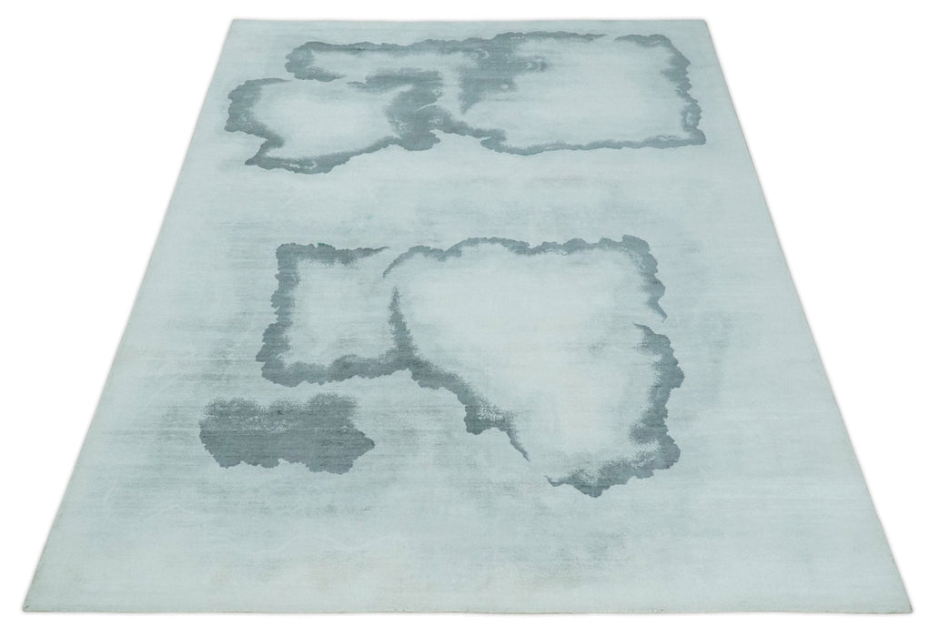 8x10 Ivory, Gray and Aqua Modern Abstract Handmade Art Silk Area Rug