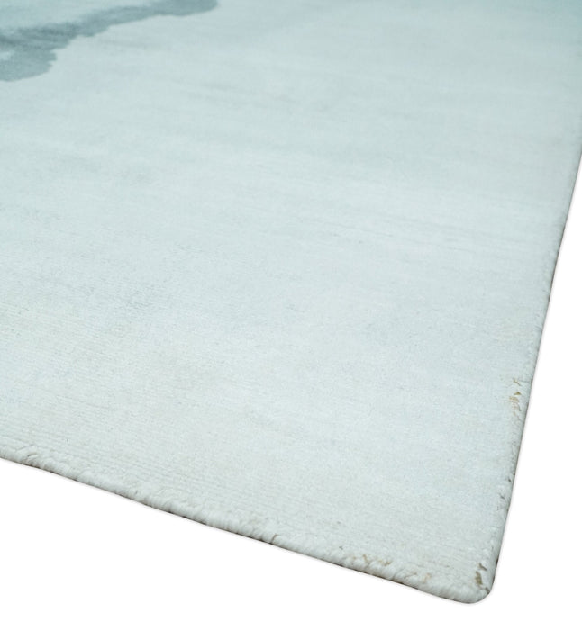 8x10 Ivory, Gray and Aqua Modern Abstract Handmade Art Silk Area Rug