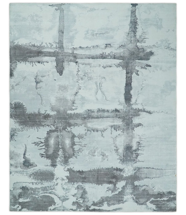 8x10 Ivory, Gray and Charcoal Modern Abstract Hand Tufted Art Silk Area Rug