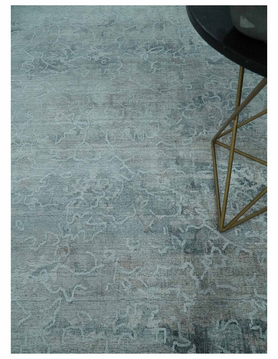 8x10 Ivory, Gray and Charcoal Traditional Erased Handmade Blended Wool Area Rug