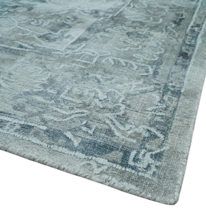 8x10 Ivory, Gray and Silver Modern Erased Traditional Handmade Art Silk Area Rug