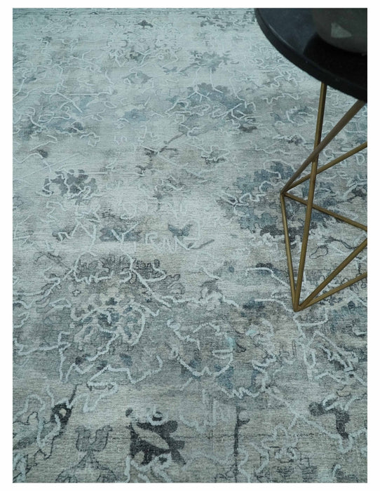 8x10 Ivory, Gray and Silver Modern Erased Traditional Handmade Art Silk Area Rug