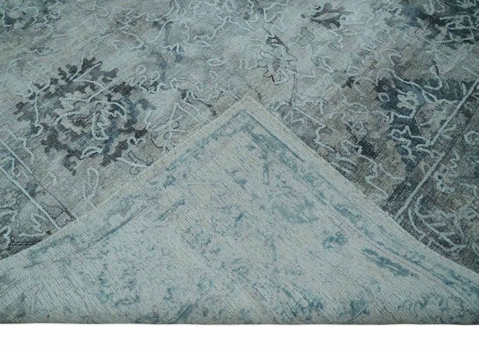8x10 Ivory, Gray and Silver Modern Erased Traditional Handmade Art Silk Area Rug