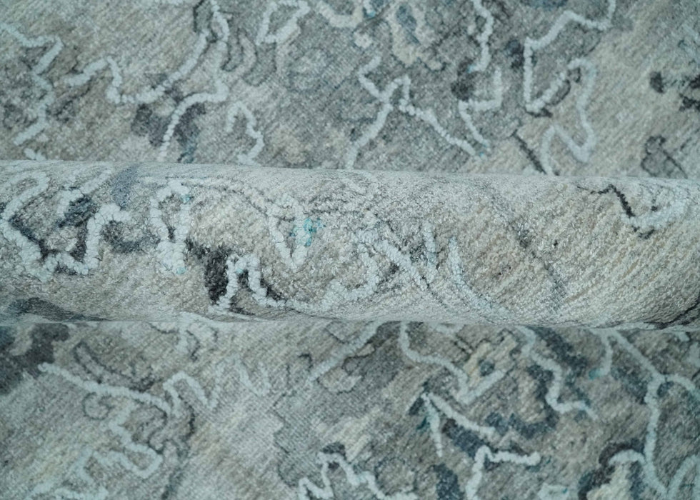 8x10 Ivory, Gray and Silver Modern Erased Traditional Handmade Art Silk Area Rug