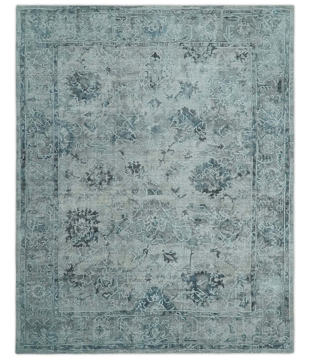 8x10 Ivory, Gray and Silver Modern Erased Traditional Handmade Art Silk Area Rug