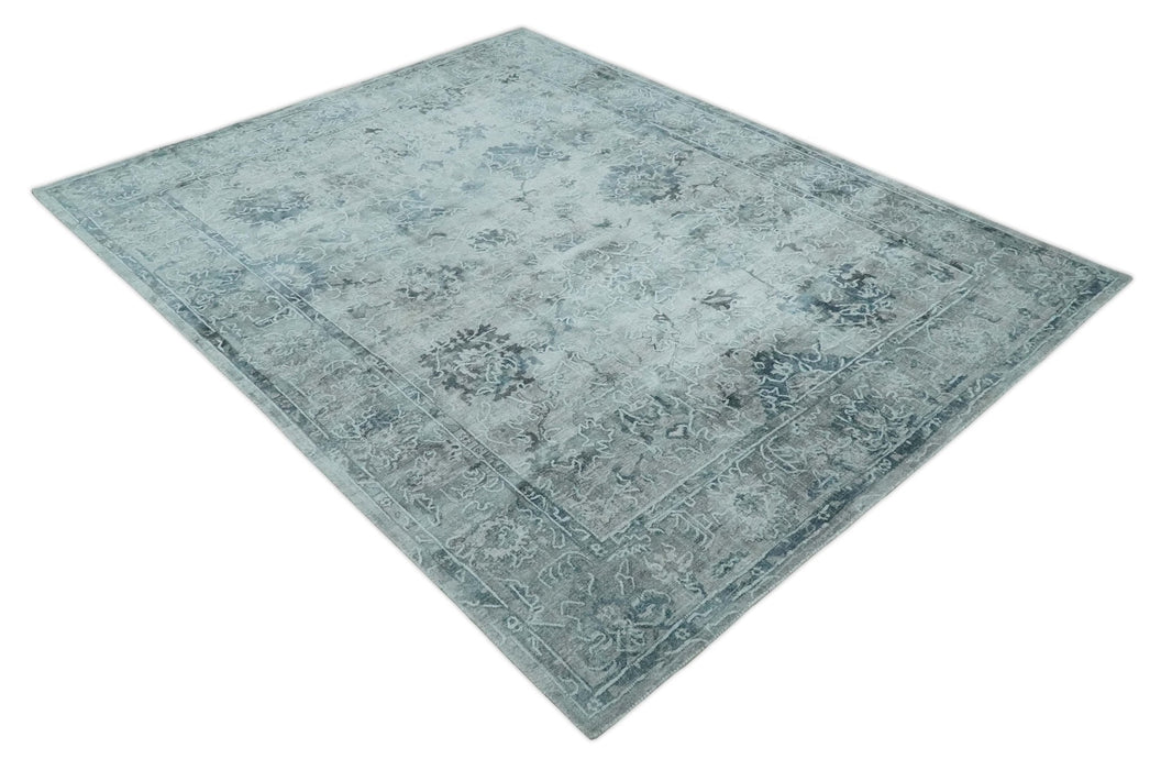 8x10 Ivory, Gray and Silver Modern Erased Traditional Handmade Art Silk Area Rug