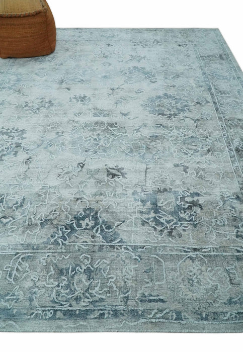 8x10 Ivory, Gray and Silver Modern Erased Traditional Handmade Art Silk Area Rug