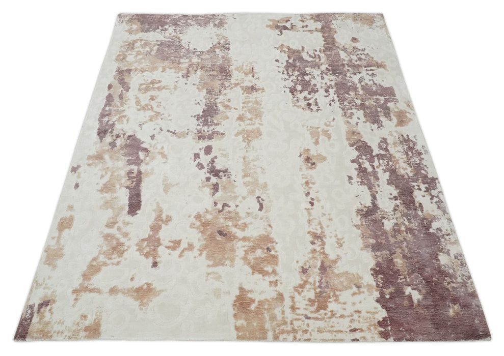 8x10 Ivory, Peach and Maroon Hand Carved Modern Abstract Hand Loomed Blended wool and Art silk Area Rug