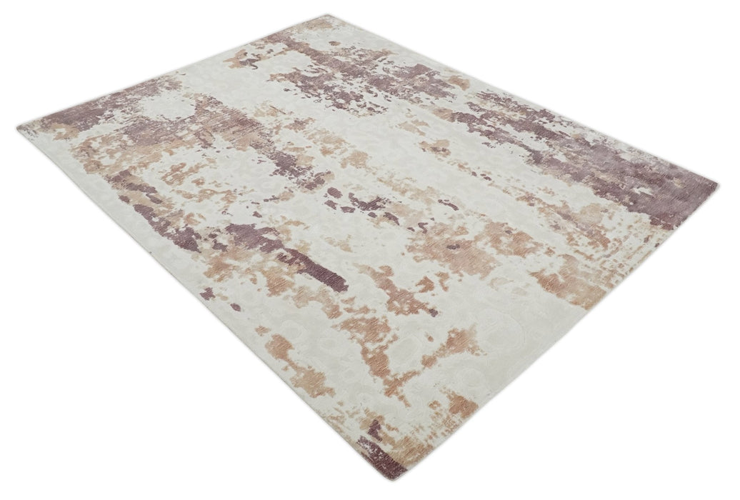 8x10 Ivory, Peach and Maroon Hand Carved Modern Abstract Hand Loomed Blended wool and Art silk Area Rug