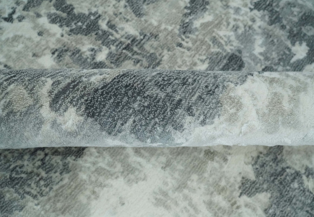 8x10 Ivory, Silver and Charcoal Modern Abstract Hand Loomed Blended wool and Art silk Area Rug