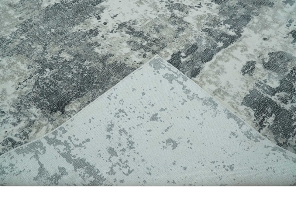8x10 Ivory, Silver and Charcoal Modern Abstract Hand Loomed Blended wool and Art silk Area Rug