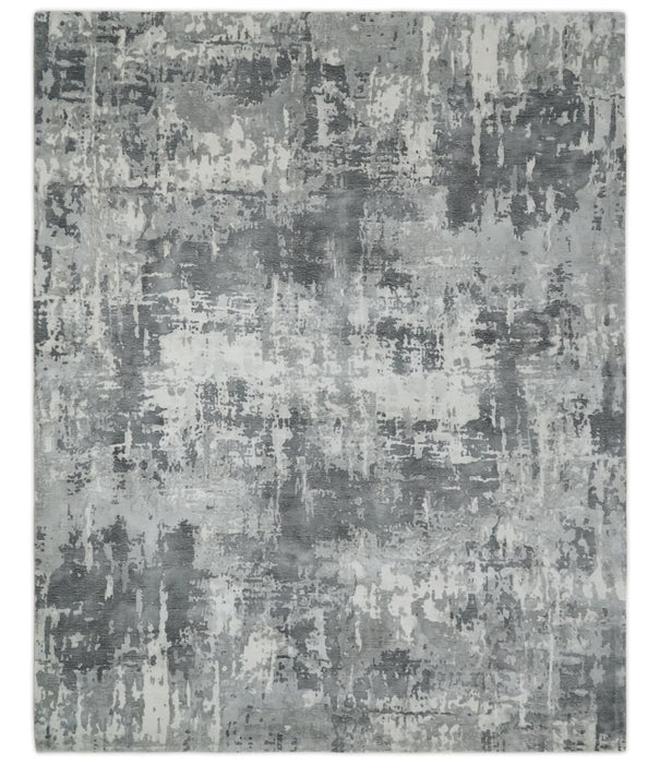 8x10 Ivory, Silver and Charcoal Modern Abstract Hand Loomed Blended wool and Art silk Area Rug