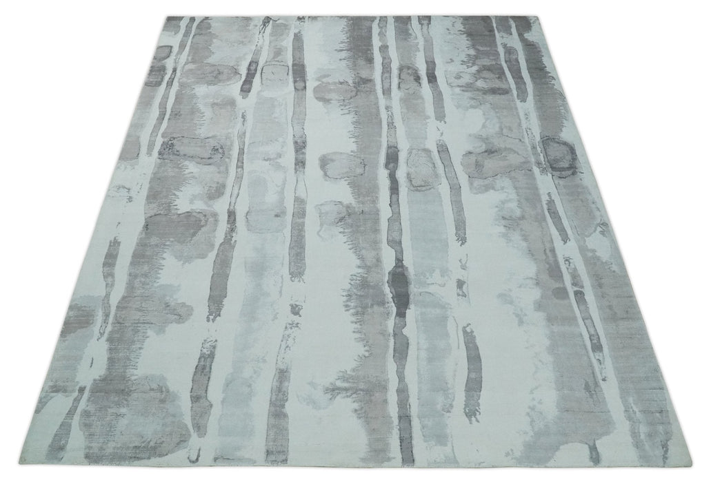 8x10 Ivory, Silver and Gray Modern Abstract Handmade Art Silk Area Rug