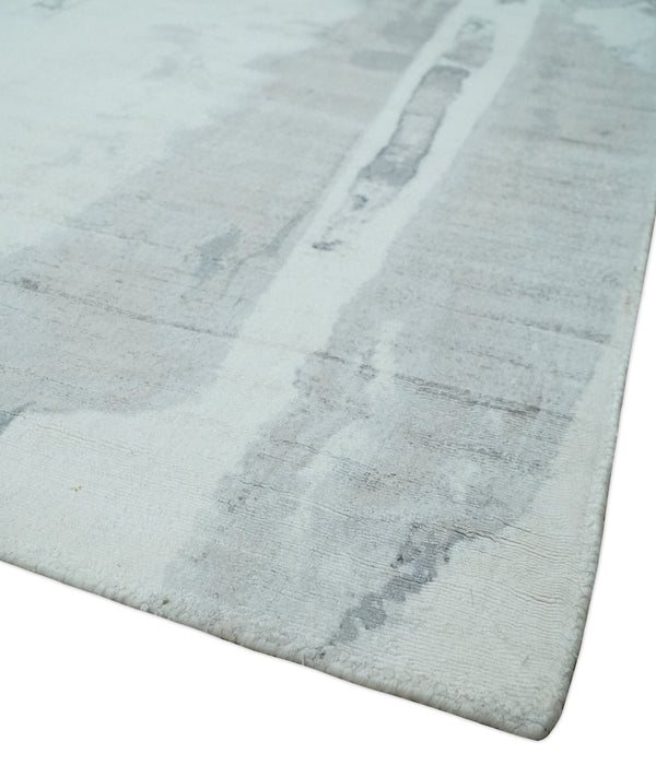 8x10 Ivory, Silver and Gray Modern Abstract Handmade Art Silk Area Rug