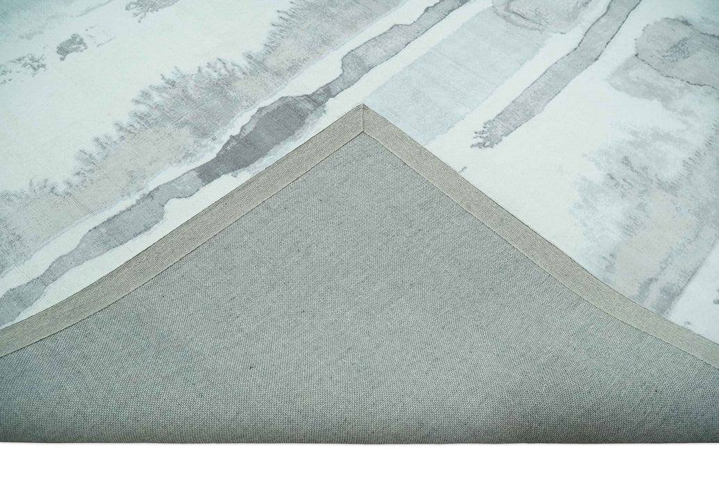 8x10 Ivory, Silver and Gray Modern Abstract Handmade Art Silk Area Rug