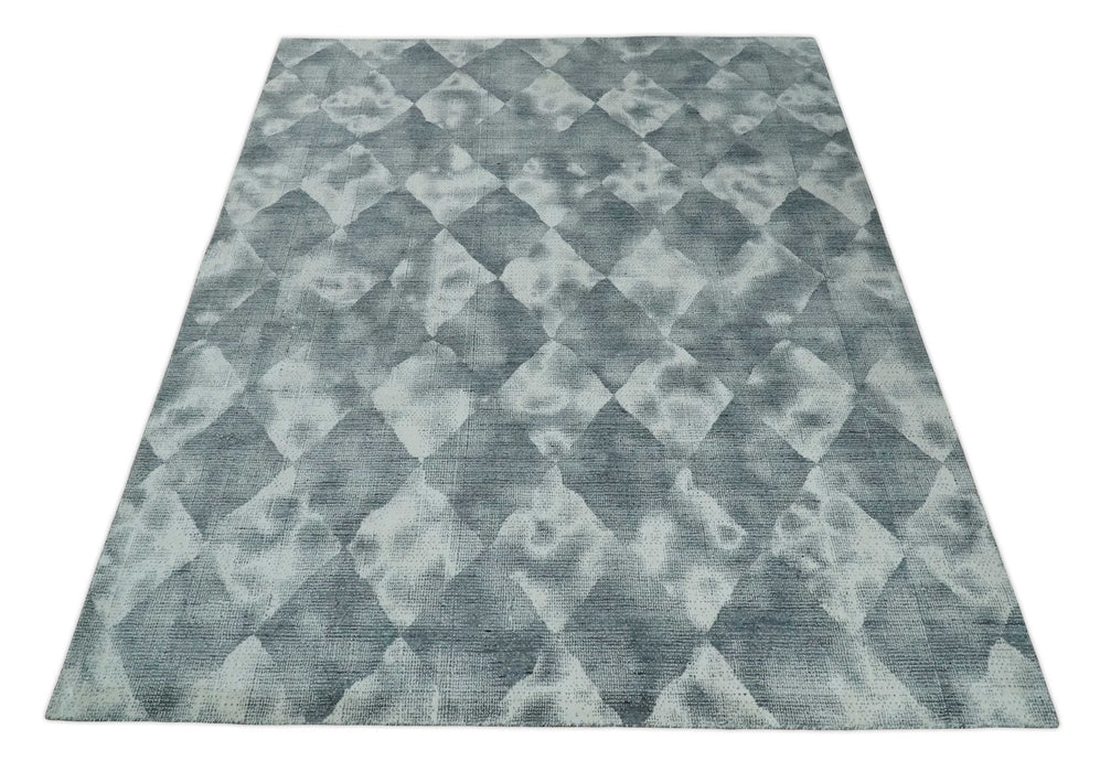 8x10 Ivory, Silver and Gray Modern Geometrical Handmade Art Silk Area Rug