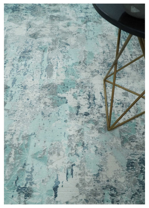 8x10 Ivory, Silver and Teal Modern Abstract Hand Loomed Blended wool and Art silk Area Rug