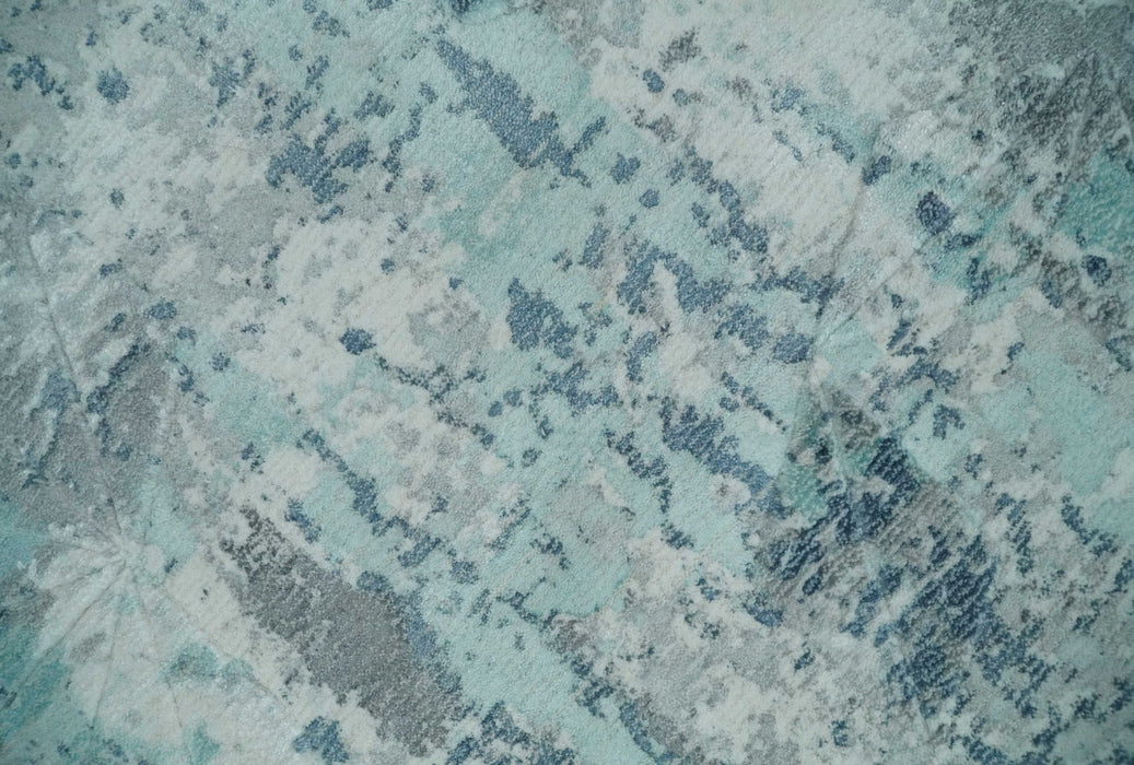 8x10 Ivory, Silver and Teal Modern Abstract Hand Loomed Blended wool and Art silk Area Rug