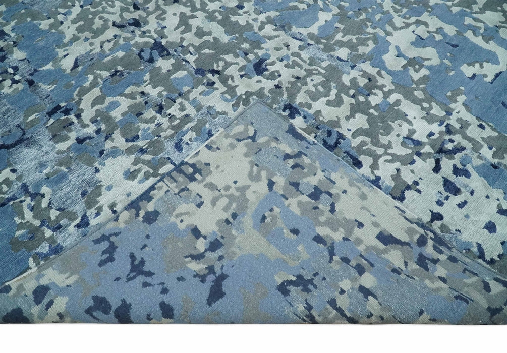 8x10 Ivory, Silver, Blue and Blue Modern Abstract Hand Knotted Wool and Bamboo Silk Area Rug