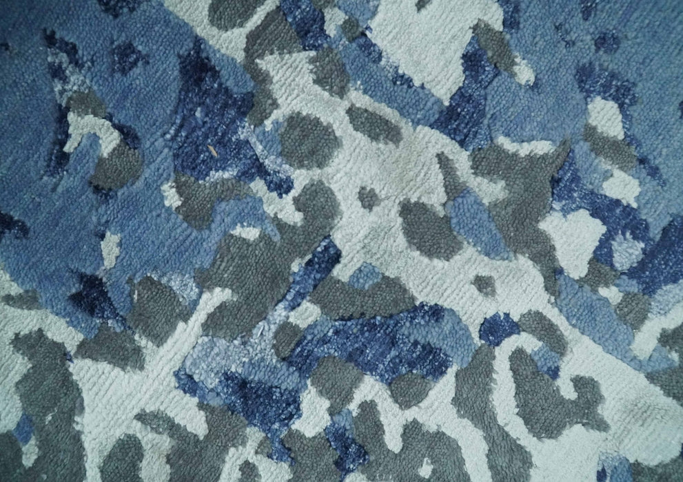 8x10 Ivory, Silver, Blue and Blue Modern Abstract Hand Knotted Wool and Bamboo Silk Area Rug