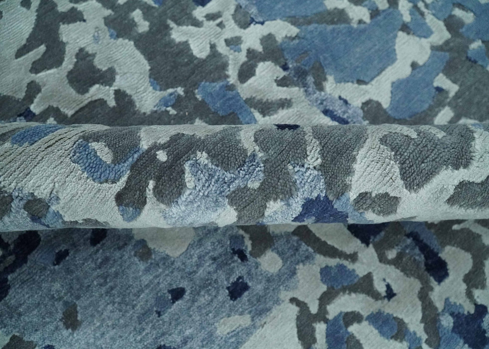8x10 Ivory, Silver, Blue and Blue Modern Abstract Hand Knotted Wool and Bamboo Silk Area Rug