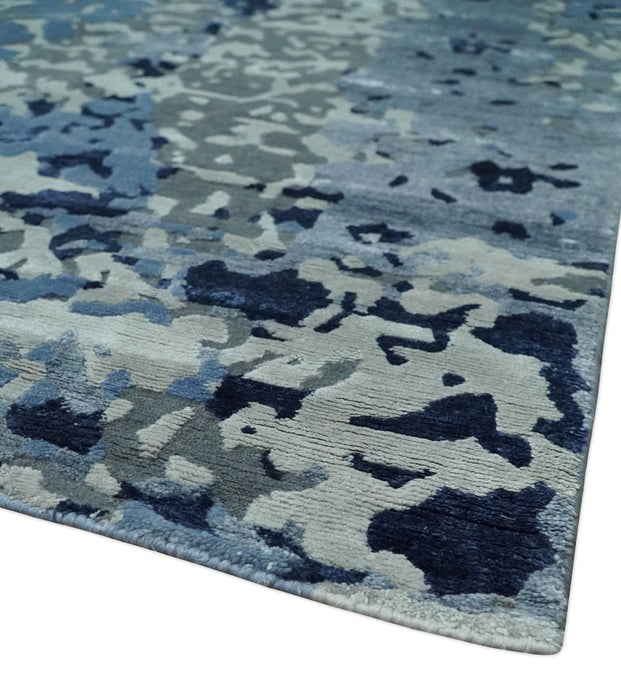 8x10 Ivory, Silver, Blue and Blue Modern Abstract Hand Knotted Wool and Bamboo Silk Area Rug