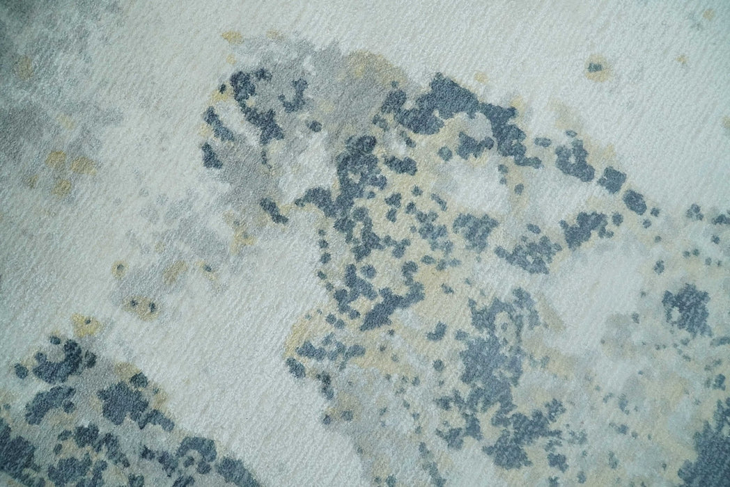 8x10 Ivory, Teal and Beige Modern Abstract Hand Loomed Blended wool and Art silk Area Rug