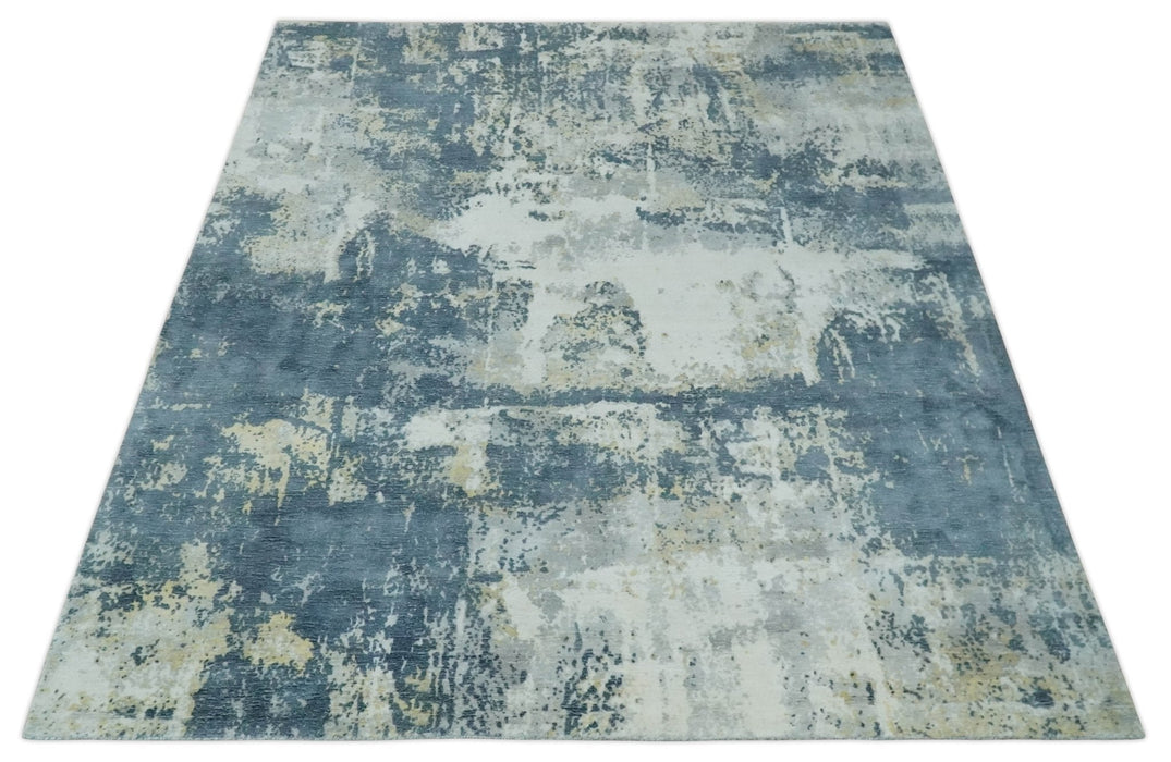 8x10 Ivory, Teal and Beige Modern Abstract Hand Loomed Blended wool and Art silk Area Rug