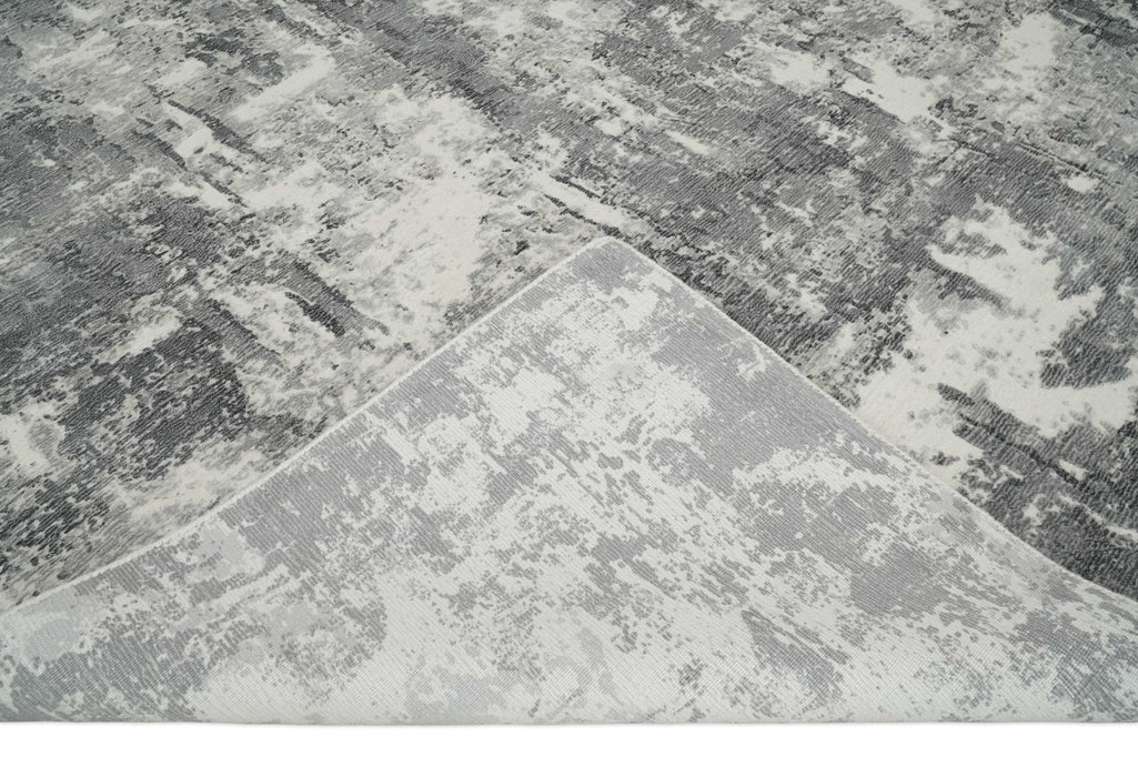 8x10 Modern Abstract Blended wool and Art silk Ivory, Silver and Charcoal Hand Loomed Area Rug