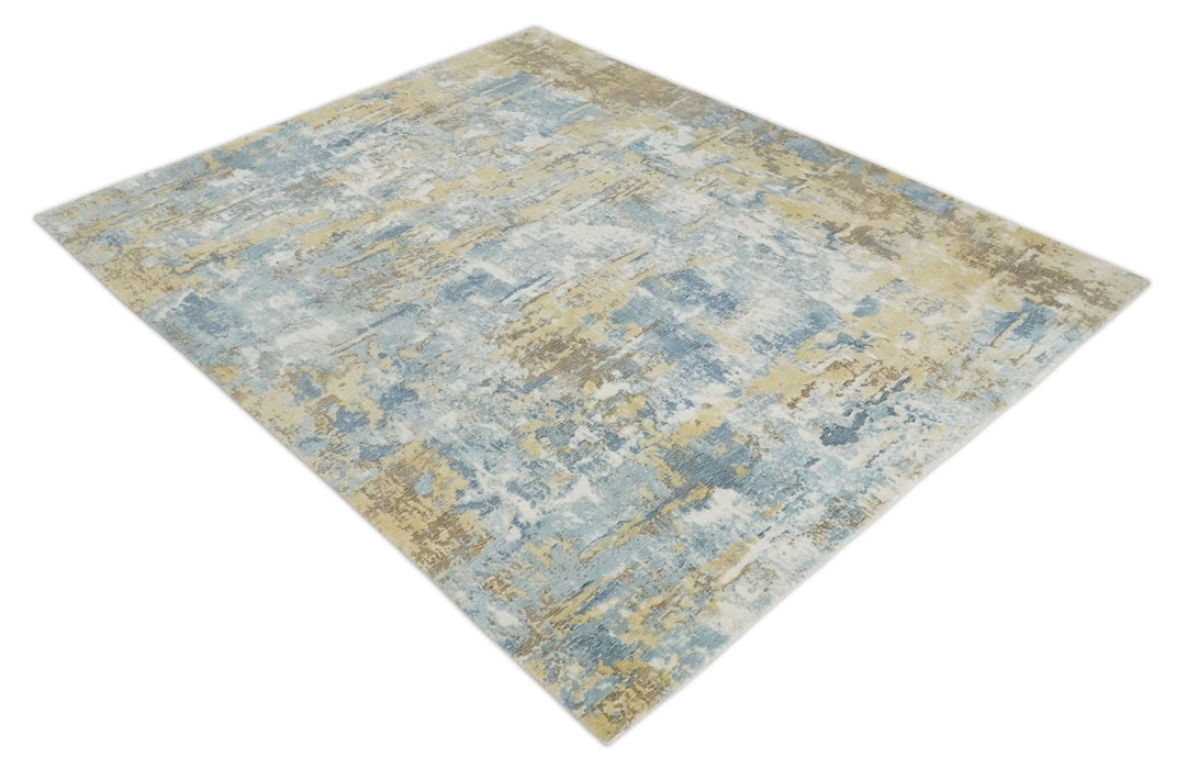 8x10 Modern Abstract Blended wool and Art silk Ivory, Teal and Beige Hand Loomed Area Rug