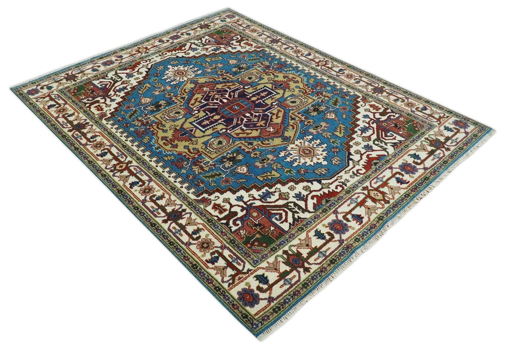 8x10 Olive, Blue and Ivory Heriz Serapi Hand knotted Traditional wool Area Rug