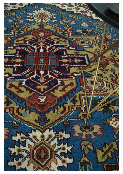 8x10 Olive, Blue and Ivory Heriz Serapi Hand knotted Traditional wool Area Rug
